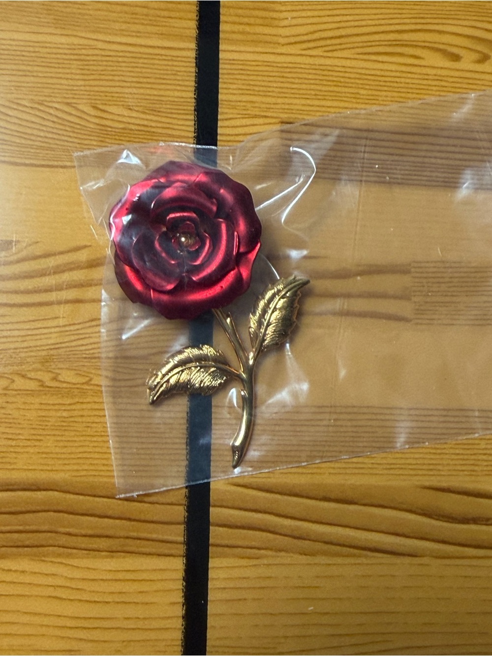 Red Rose Brooch with Gold Stem